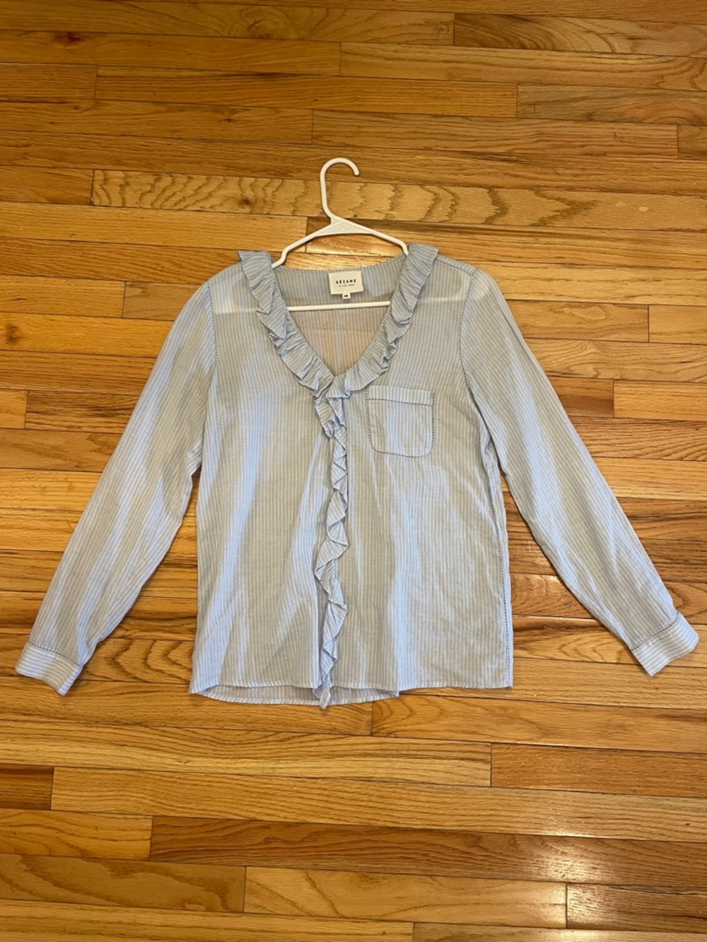 Sezane Light Blue cotton Striped Ruffle Capucine Blouse size 38/6